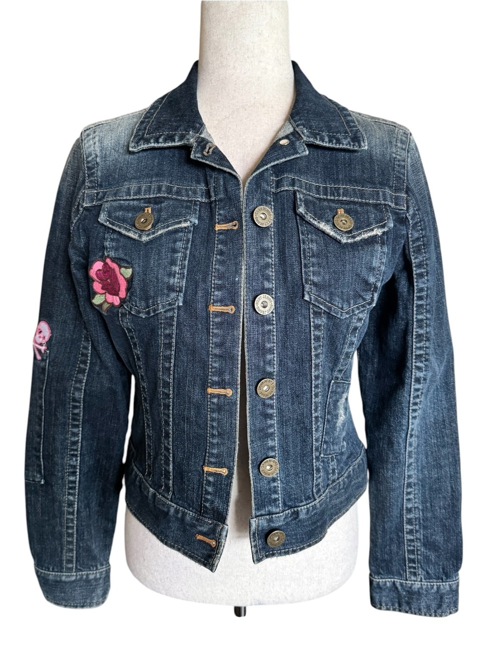 Y2K Dkny Dark Blue Denim Jacket with Pink  Patches